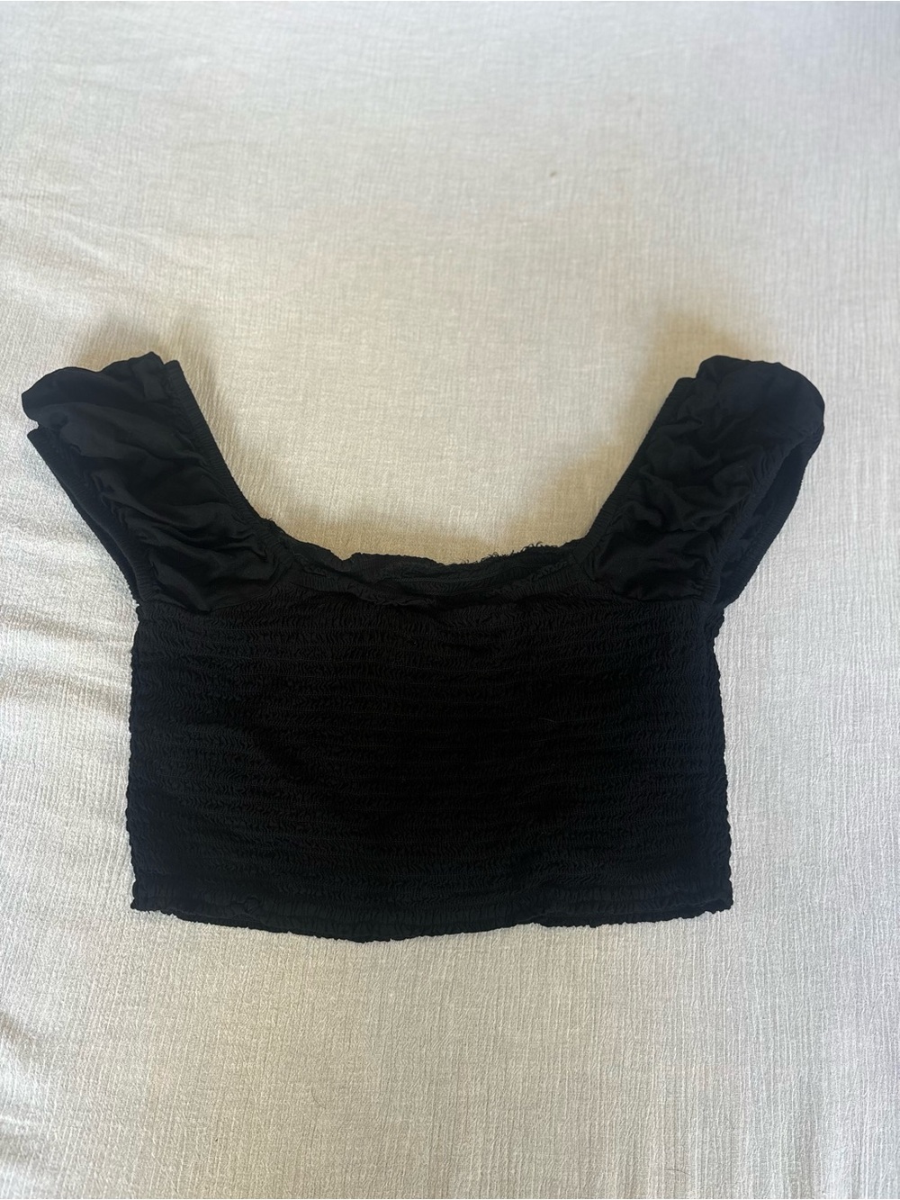 bp Black Smocked Puff-Sleeve Crop Top